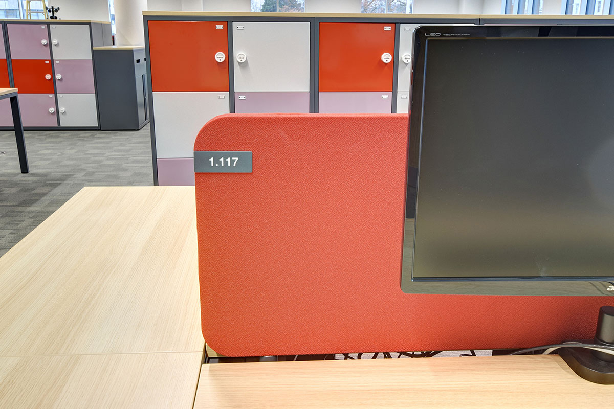 Red desk mounted screen