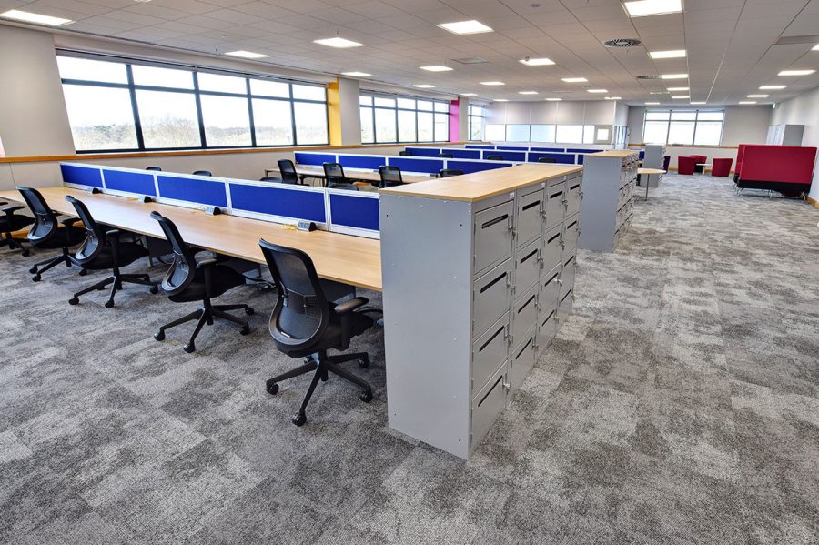 Bench office desks with lockers