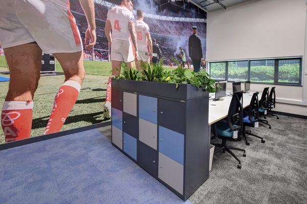 Actualize Chair, Pico Bench Desks, Freestor Accent Lockers & Planters at Rugby League