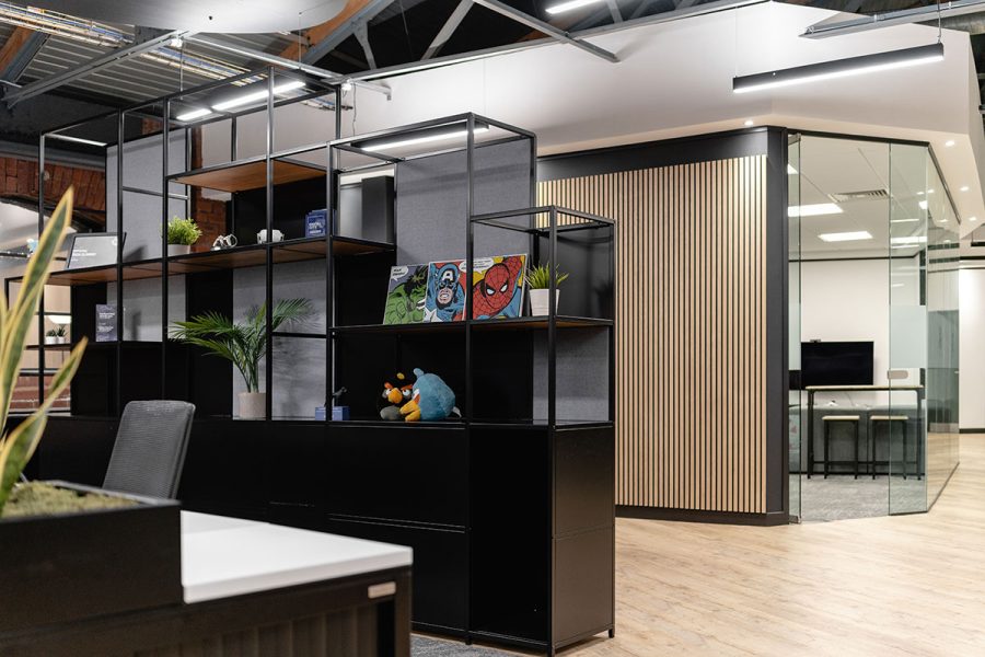 All black office grid shelving system