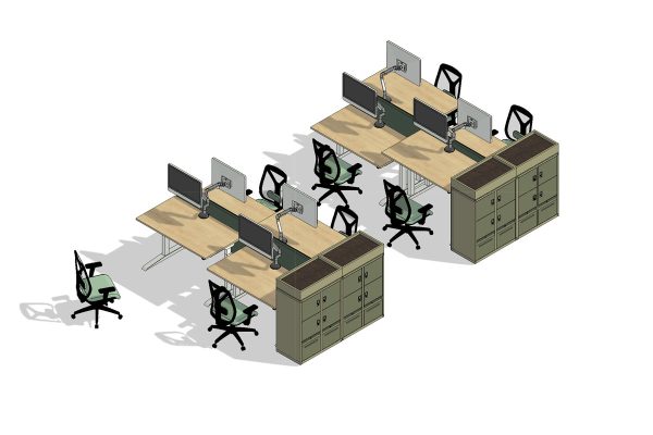 Office Desk Configuration featuring Jot-Up Desks, Actualize Task Chair, Accent Lockers + Planters.