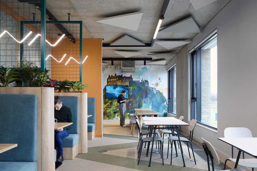Work café with transformative teal tones