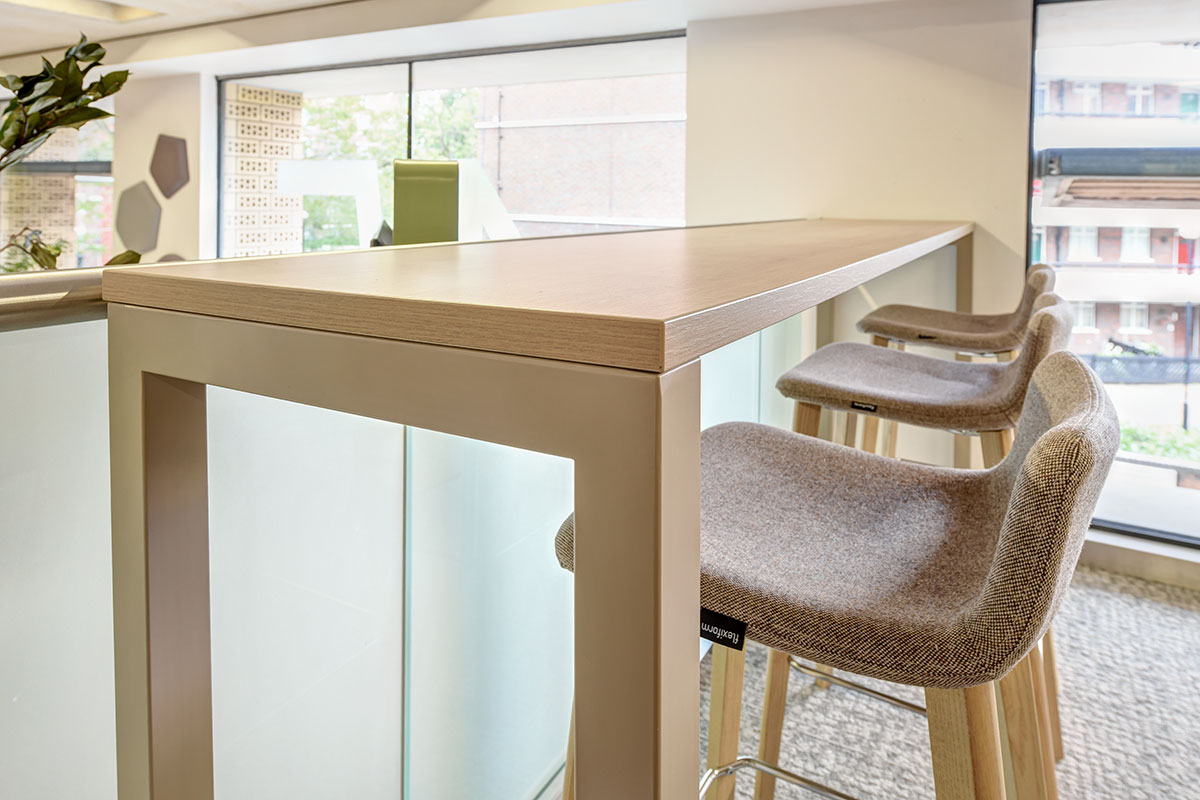 Parq Bar Height Bench Table and Miss Stools at our London office furniture showroom