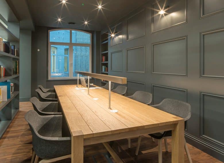 Oak bench table with task lighting